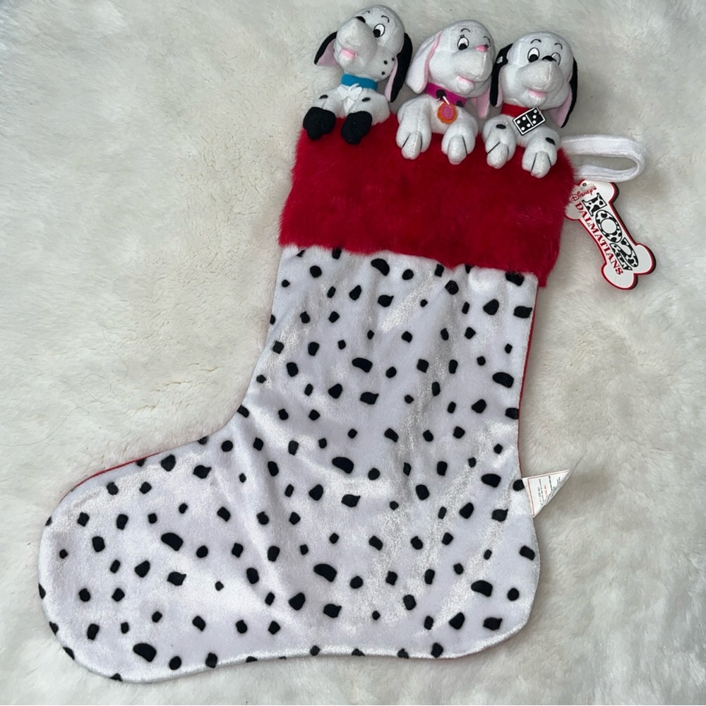 Disney 101 Dalmations Christmas Stocking 3 Puppy Dogs Vintage spotted red plush